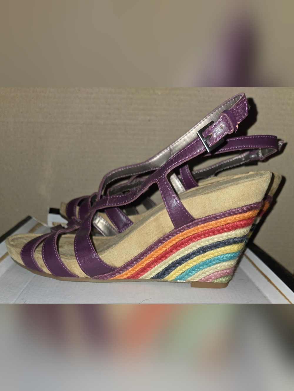 BWOB Aerosoles Purple Multi Color Woven Wedge High Heel Sandals Shoes Sz 10 M